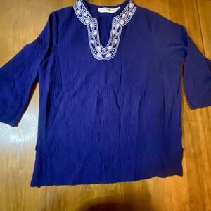 Cathy Daniel’s Blue Women’s L Top Shirt Embroidered Floral Pull Over